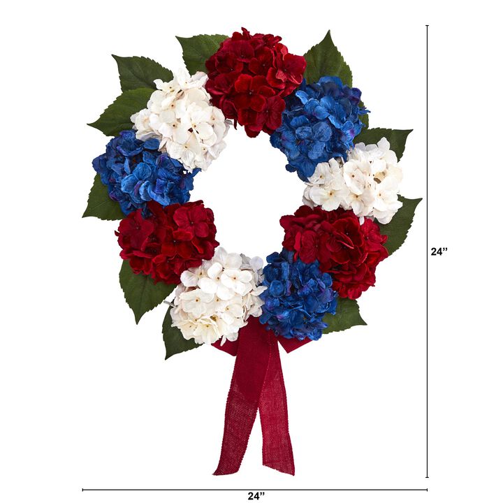 HomPlanti 24" Red, White and Blue "Americana" Hydrangea Artificial Wreath