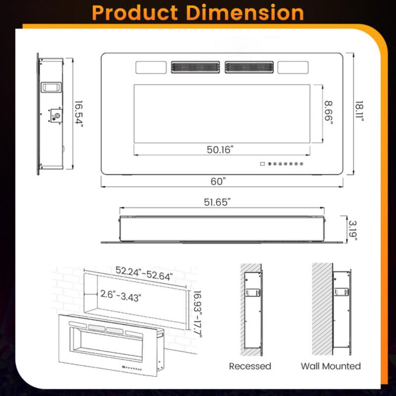 Hivvago 60-Inch Electric Fireplace with Decorative Crystals &ndash; Ultra-Thin Design"