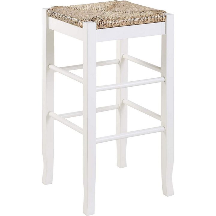 Square Wooden Frame Barstool with Hand Woven Rush, White and Brown