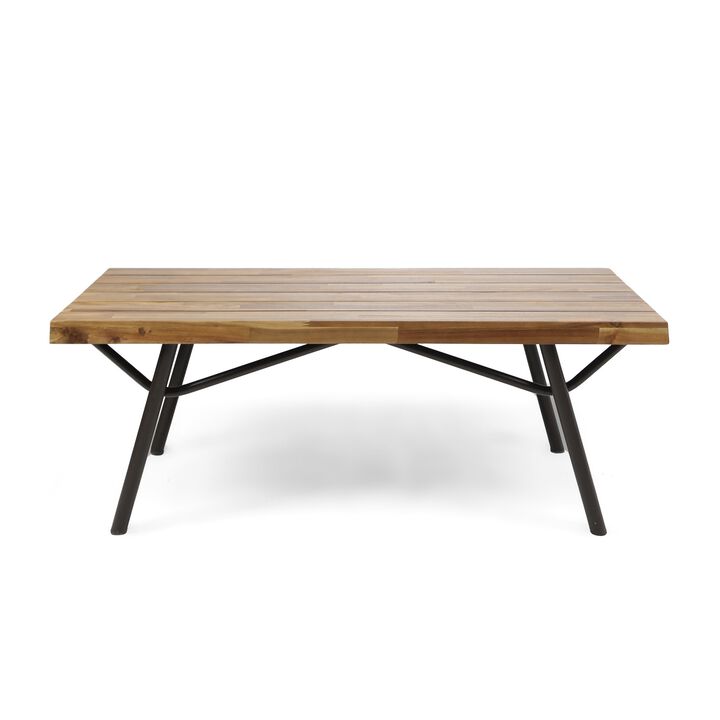 Patio Coffee Table, Slatted Top, Brown Iron, 50 Inch Teak Brown Acacia