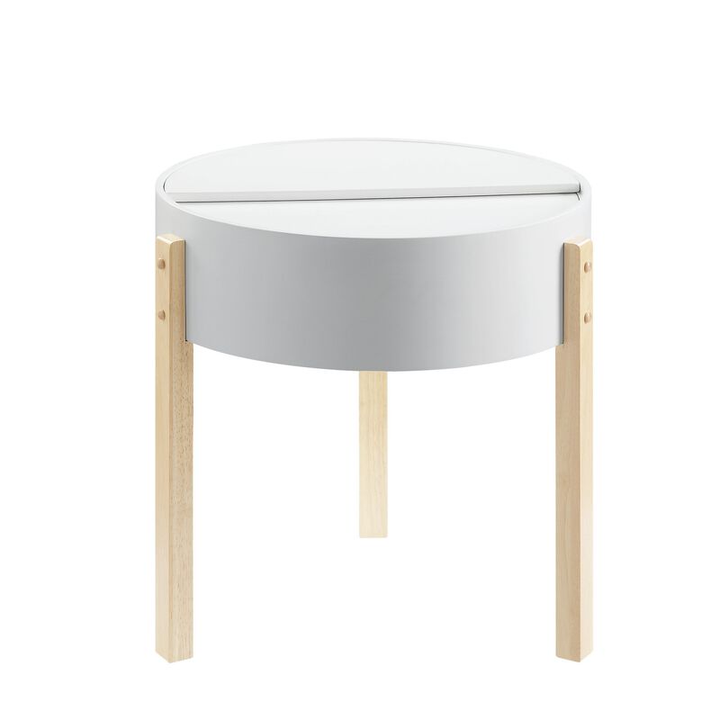 Round Wooden End Table with Hidden Storage, White and Brown-Benzara image number 1