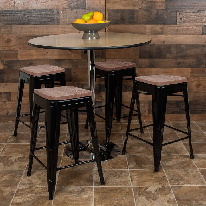Flash Furniture 24" High Metal Counter-Height, Indoor Bar Stool with Wood Seat in Black - Stackable Set of 4