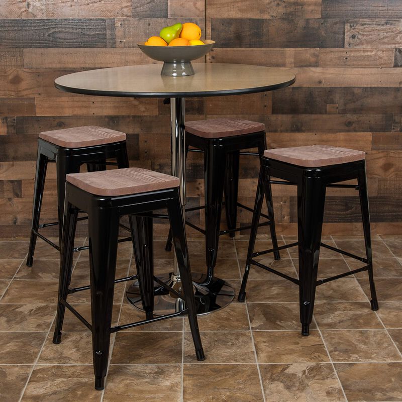 Flash Furniture 24" High Metal Counter-Height, Indoor Bar Stool with Wood Seat in Black - Stackable Set of 4