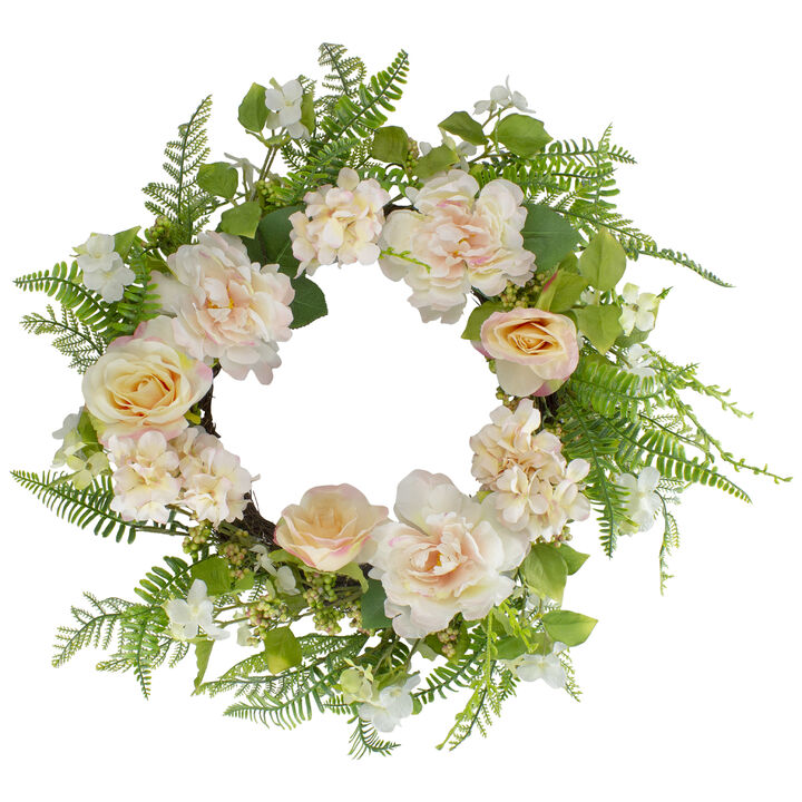 Rose and Peony Fern Artificial Floral Spring Wreath  Pink - 24-Inch