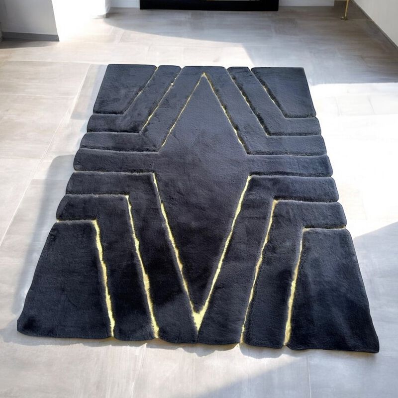 Black and Gold Geometric Fur Plush Rug