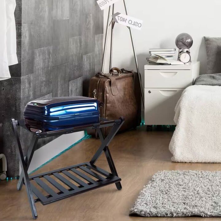 Heavy Duty Solid Wood Luggage Rack with Bottom Storage Shelf