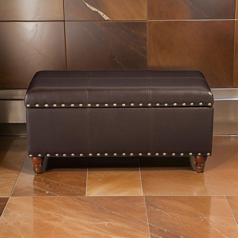 Leatherette Upholstered Wooden Storage Bench with Nail Head Trim Accent, Espresso Brown image number 1