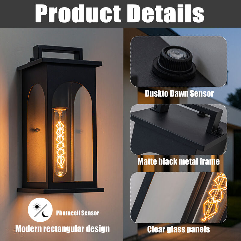 1-Light Modern 13 Inch Outdoor Wall Lantern Black Exterior Sconce with Clear Tempered Glass & Dusk-to-Dawn Sensor for Front Door Porch Light image number 4