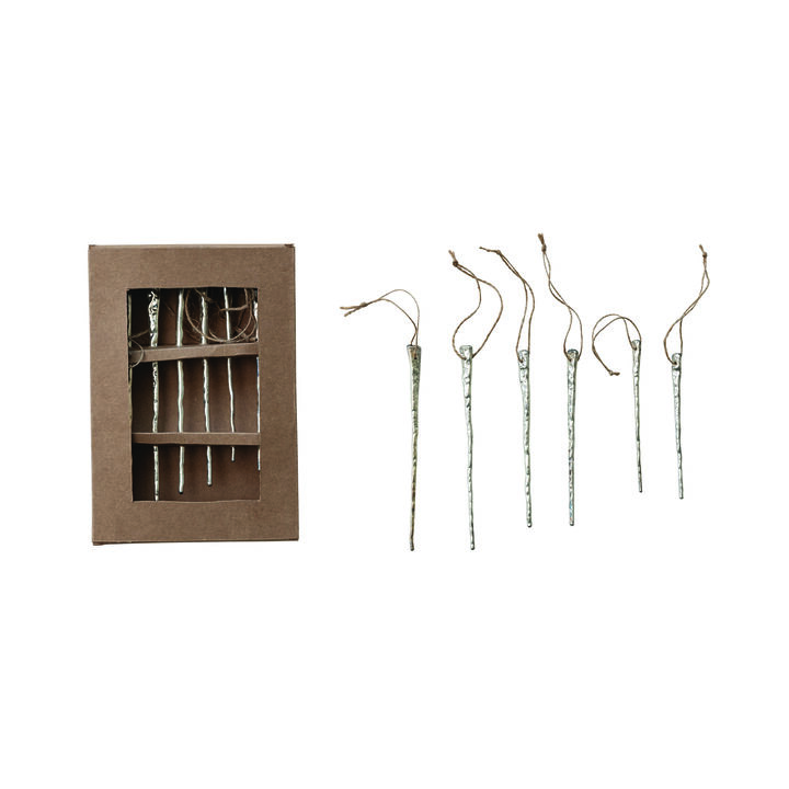 6-Piece Mercury Glass Icicle Ornament Set, Silver