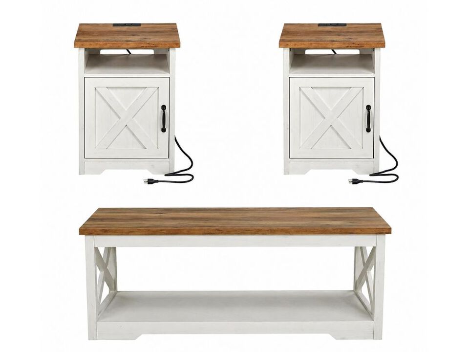 4 Piece Living Room Table Set Farmhouse TV Stand with Bookshelves Wine Cabinet