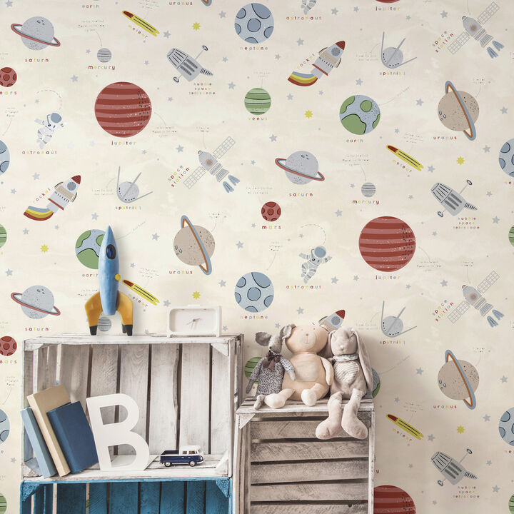 Space Adventure Beige Outer Space Wallpaper