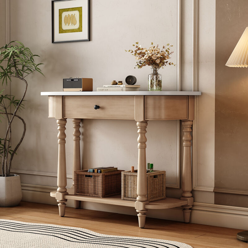 Whisen Retro Corner-curved Console Table with Top Drawer and Open Shelf for Living Room and Entryway - Beige