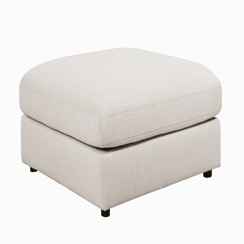 Fabric Upholstered Wooden Ottoman with Loose Cushion Seat and Small Feet, Beige-Benzara
