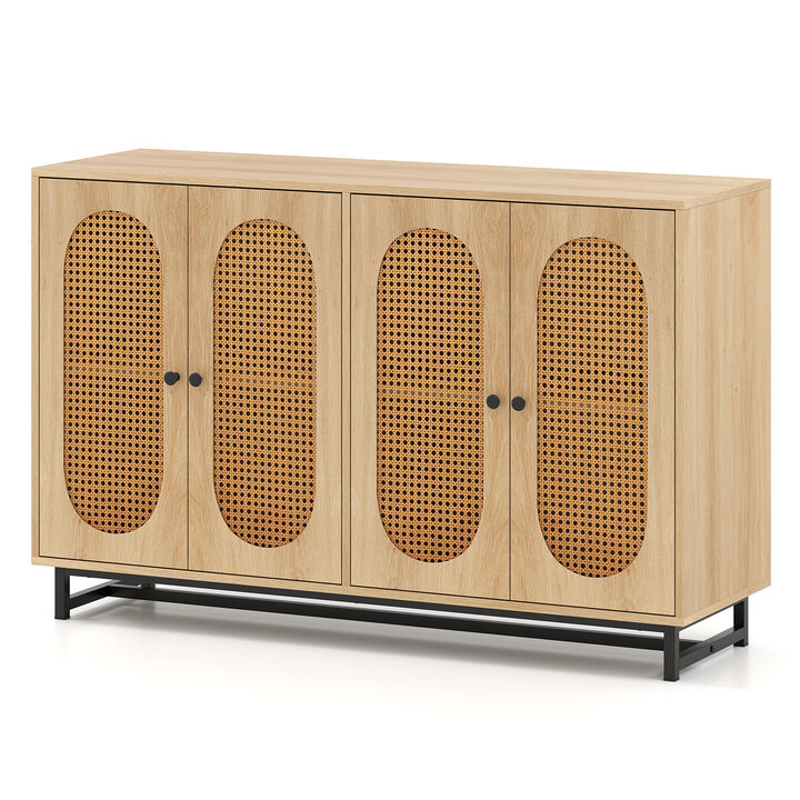 Natural 50" Rattan Buffet Cabinet with 4 Doors and Adjustable Shelves