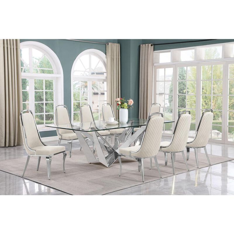 9pc Large(94") glass top dining set with silver base and 8 Cream side chairs