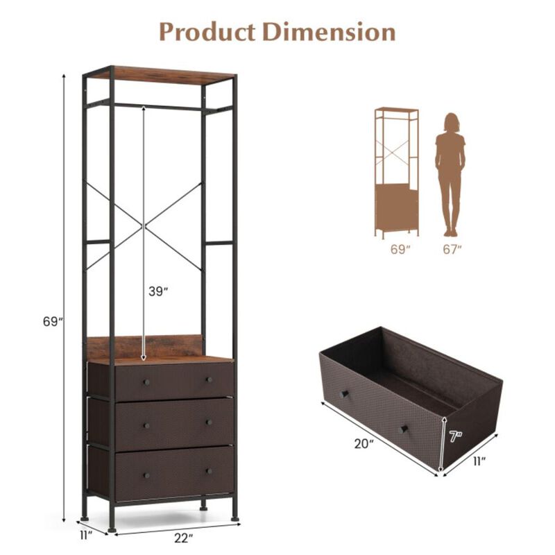 Hivvago Freestanding Closet Organizer with 3-position Hanging Rod and Storage Shelves-Brown