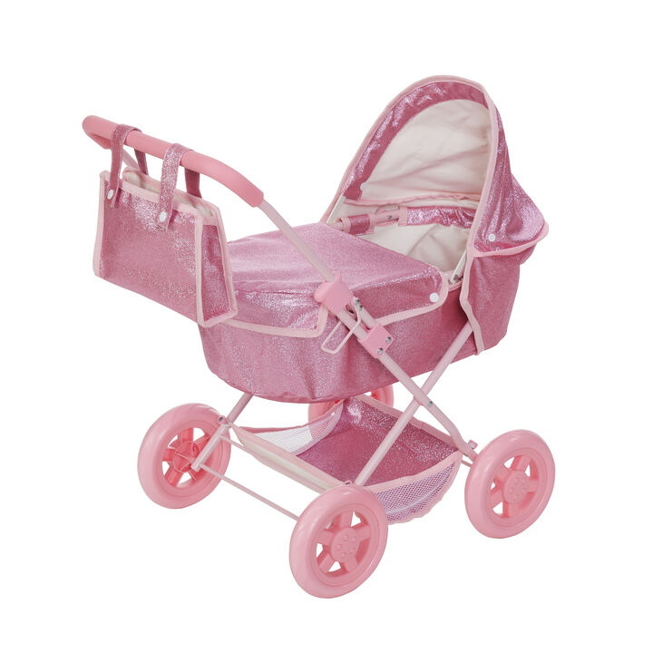 Olivia's Little World Baby Doll Bassinet Pram with Cover with Retractable Canopy & Storage, Hot Pink Glitter
