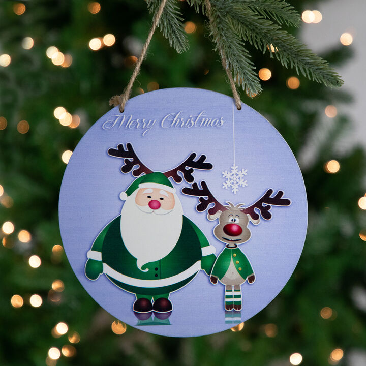 8" Blue and Green Santa and Reindeer "Merry Christmas" Disc Ornament