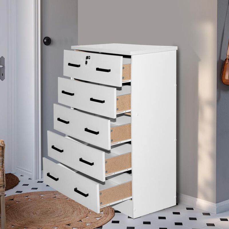 Better Home Products Cindy 5 Drawer Chest Wooden Dresser with Lock in White