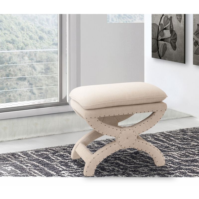 21 Inches Pillow Top Ottoman with Criss Cross Base, Beige-Benzara