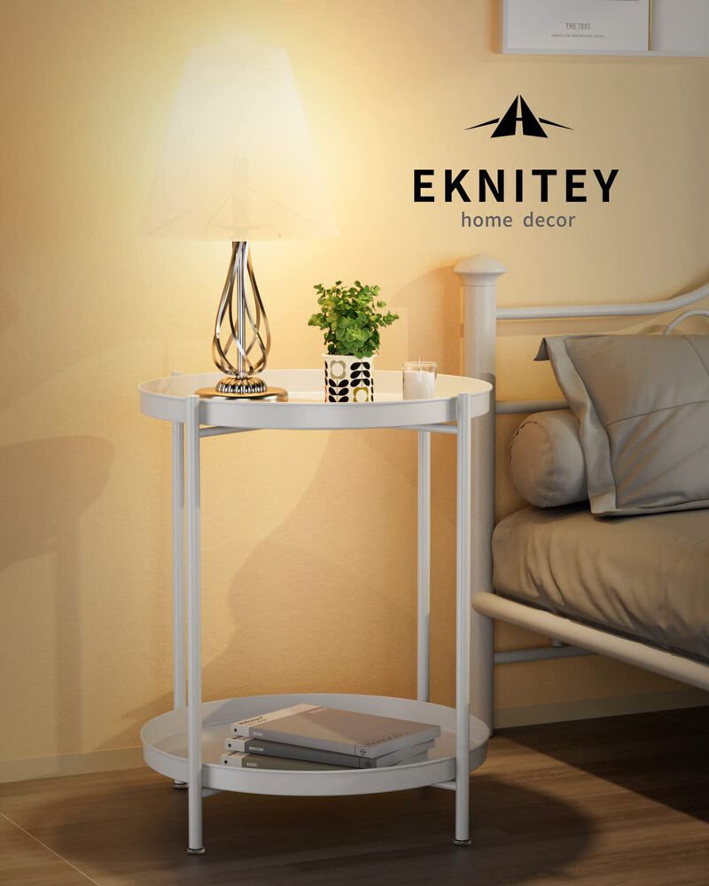 EKNITEY 2 Tier End Table - Metal Side Table Waterproof Small Sofa Coffee Side Tables Bedroom Indoor Outdoor with Removable Tray