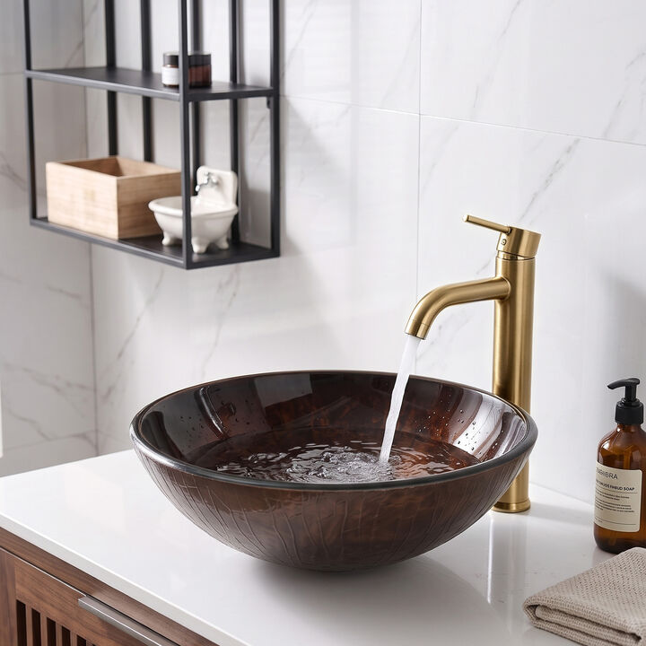 Round Ice‑Crackle Tempered Glass Vessel Sink, Art Textured Countertop Vanity Basin