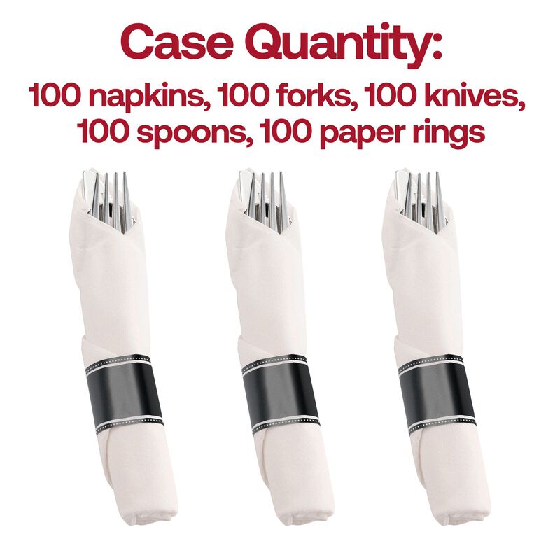 Silver Plastic Cutlery in White Napkin Rolls Set (100 Sets) image number 3