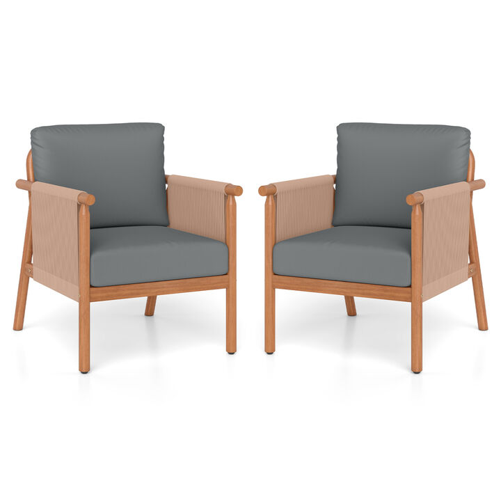 Set of 2 Outdoor Acacia Wood Chairs with Woven Rope Armrests and Cushions