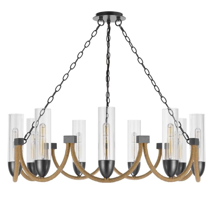 Arga 9 Light Chandelier, Glass Shade, Rope Arms, Bronze Metal 12 Inch