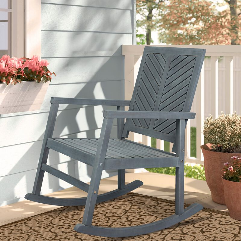 Ned Modern Chevron Back Acacia Wood Patio Outdoor Rocking Chair