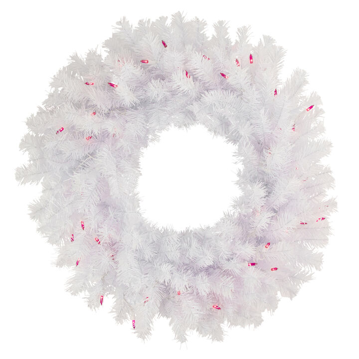 Pre-Lit Geneva White Spruce Artificial Christmas Wreath  24-Inch  Pink Lights