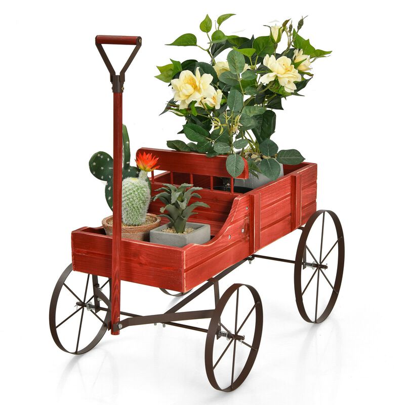 Wooden Wagon Plant Bed With Wheel for Garden Yard