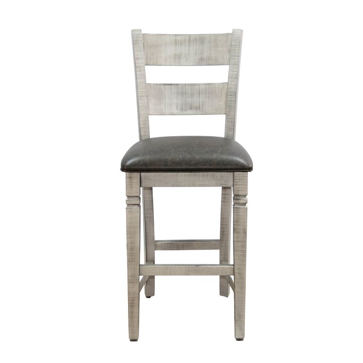 Zeka Barstool Chair Set of 2, Black Faux Leather, Gray Wood Ladderback