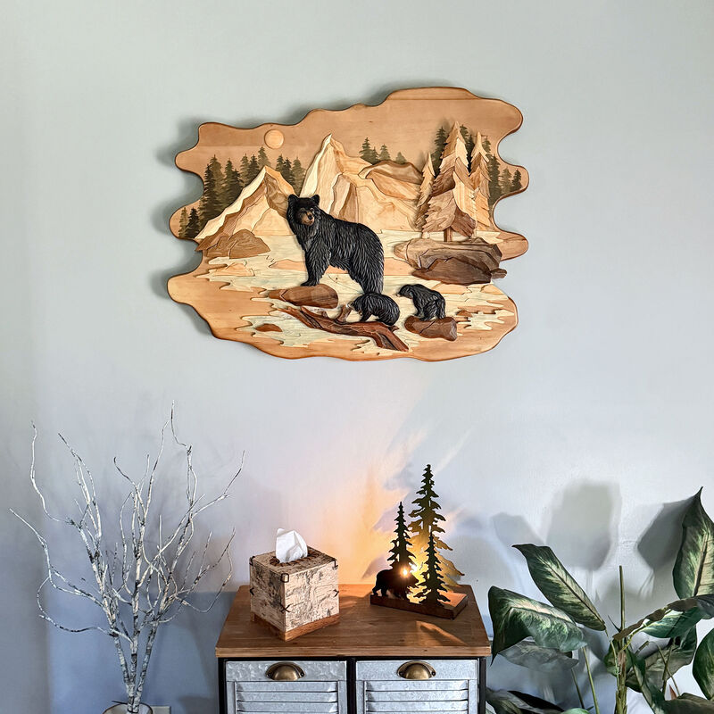 Bear Family River 25.5x34 Intarsia Wood Wall Sculpture Rustic Cabin Art image number 5