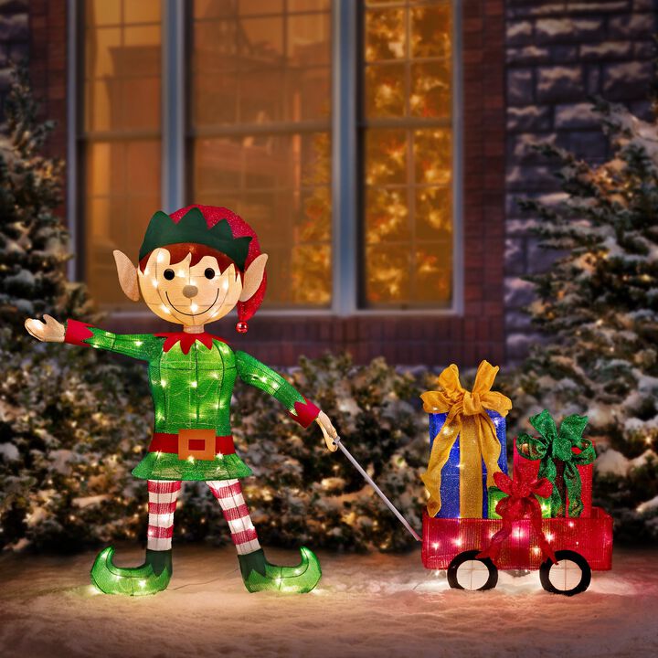 42 Inch Elf Pulling Wagon Outdoor Lighted Christmas Yard Decor