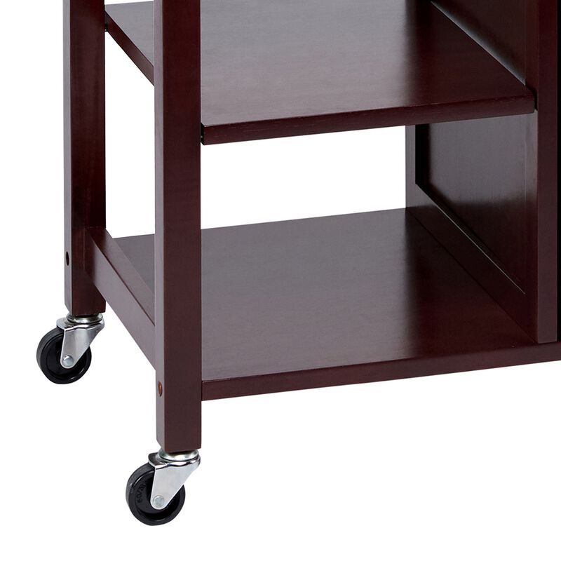 35 Inch Handcrafted Rubberwood Kitchen Island Bar Cart, 3 Shelves, 1 Cabinet, Caster Wheels, Espresso Brown-Benzara