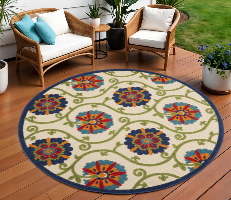 HomeRoots 8' Navy Blue Beige Green Blue And Red Round Floral Indoor Outdoor Area Rug image number 1