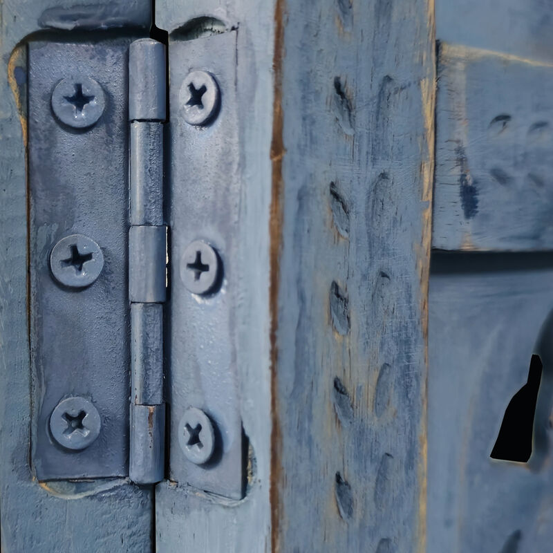 Jumbo 4 Panel Folding Room Divider Screen, Antique Blue Mango Wood, Elephant Motif Carved Design - Benzara