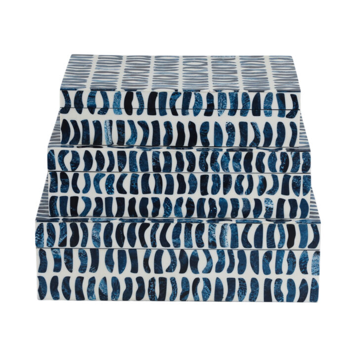 S/3 10/11/12" Boxes With Inlay Pieces, Blue/white