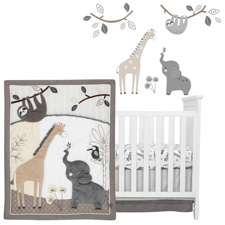 Lambs & Ivy Baby Jungle Animals 4-Piece Gray/White/Taupe Crib Bedding Set