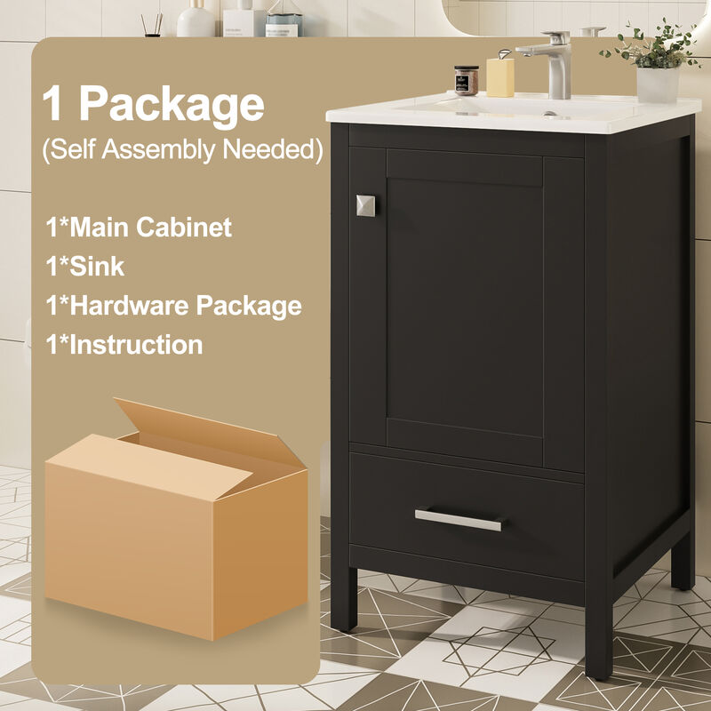 Whisen 20-Inch Modern Bathroom Vanity with Ceramic Sink, Soft-Close Drawers and Door Organizer, Divider Drawer, and Adjustable Plastic Foot Pads