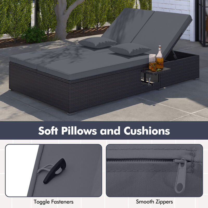 Double Chaise Patio Lounge with Thick Cushions and Foldable Side Trays image number 5