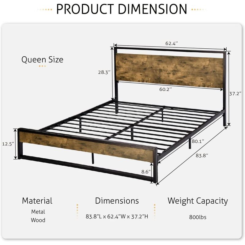 Hivvago Queen size Metal Wood Platform Bed Frame with Industrial Headboard