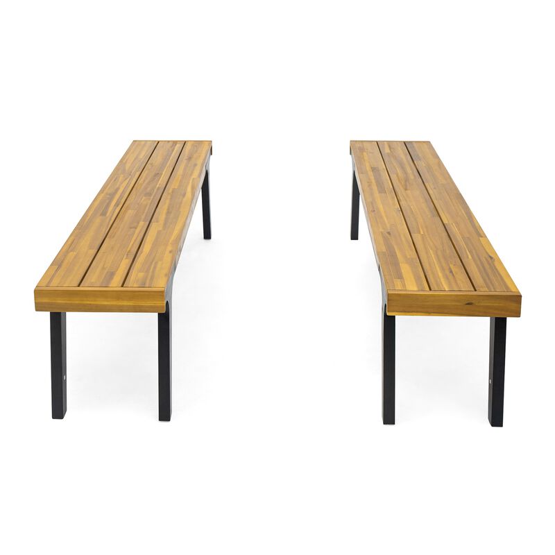 Sheldon Outdoor Bench Set of 2, Slat Panel, 63 Inch Brown Wood, Black - Benzara
