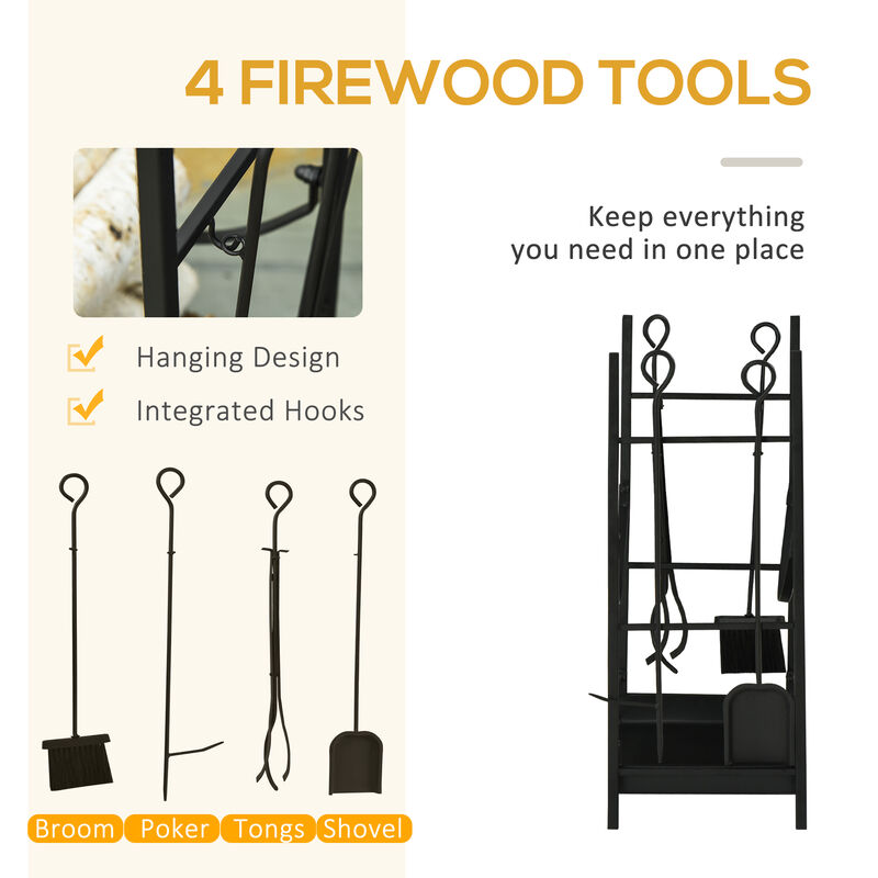 Outsunny Firewood Rack with Fireplace Tools, Indoor Outdoor Firewood Holder, Flat Bottom with 2 Tiers for Fireplace, Wood Stove, Hearth or Fire Pit, Black