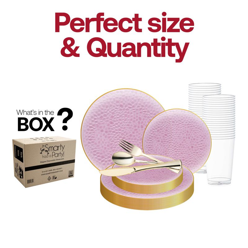 Clear Pink with Gold Rim Hammered Glass Plastic Wedding Value Set (120 Sets) image number 3