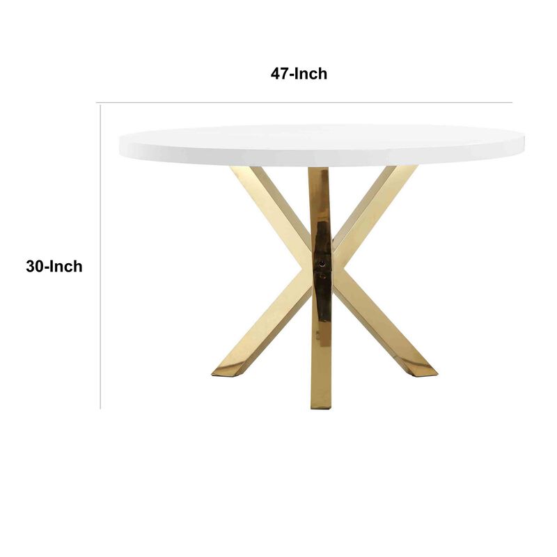 Emi 47 Inch Dining Table, Round White Lacquer Top, X Twisted Gold Legs