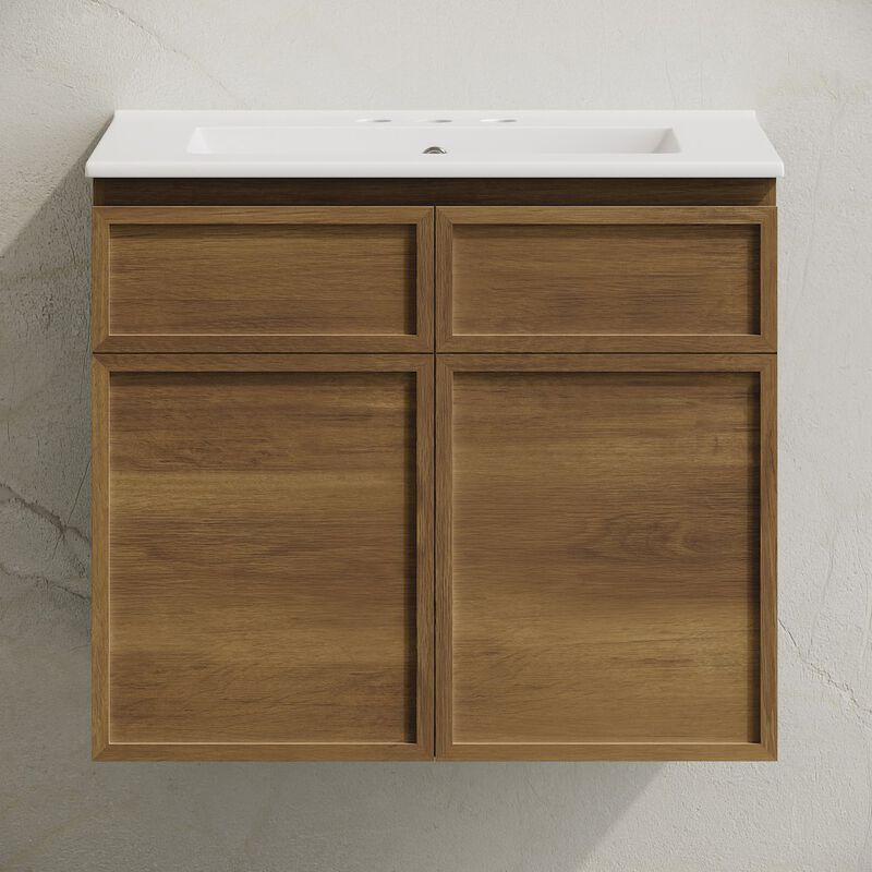 24" Wall-Mounted Bathroom Vanity in Brown Oak with 3-Hole Centerset Sink Top image number 4