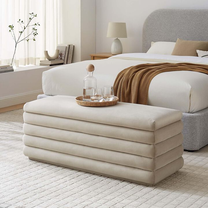Modway Mezzo 46 Inch Performance Velvet Upholstered Storage Bench in Almond - Channel Tufted Ottoman for Bedroom, Entryway - Versatile Bed and Living Room Bench with Storage