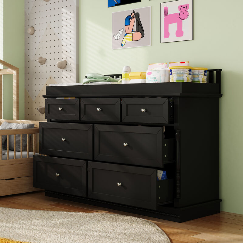 FUFU&GAGA Modern Changing Table with 7 Drawers, Removable Pine Fence, Anti-Tip Design, (56.5 in. W x 19.3 in. D x 40 in. H), Black
